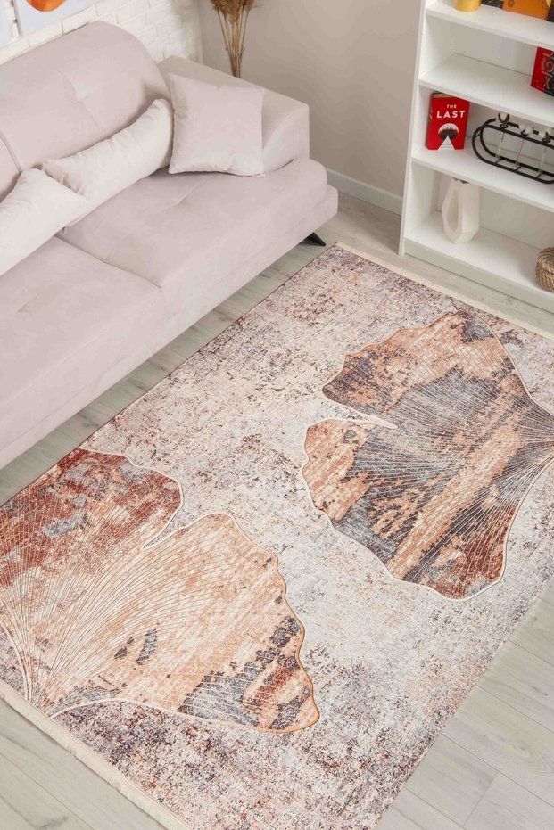 Flower Patterned Light Mink Chenille Machine Washable Fringed Non-Slip Base Living Room Carpet 8345