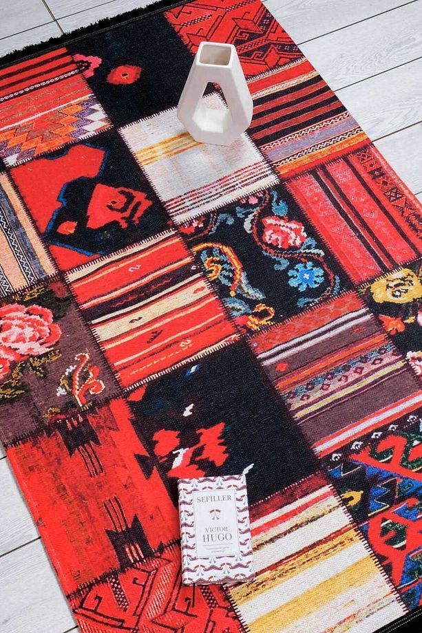 Patchwork Desenli Siyah Şönil Makina Halısı Yıkanabilir Saçaklı Kaymaz Taban Halı 7599 - 3