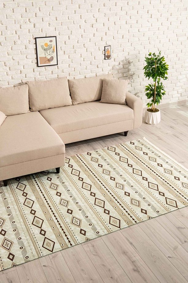 Iskandinav Desenli Krem Yıkanabilir Kaymaz Taban Şönil Koridor Salon Mutfak Halısı 7833 - 4