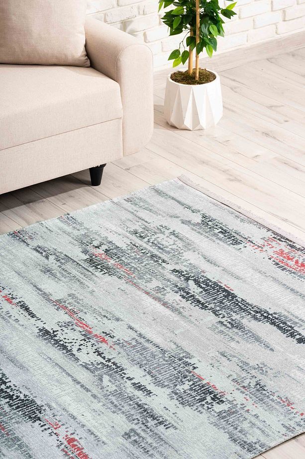 Abstract Desenli Gri Siyah Yıkanabilir Kaymaz Taban Şönil Salon Mutfak Halısı 7354 - 6