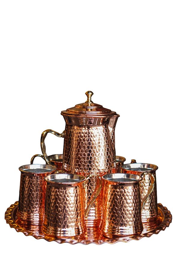 Bakır Zımbalı Bardak Sürahi Ve Tepsi Set - 2