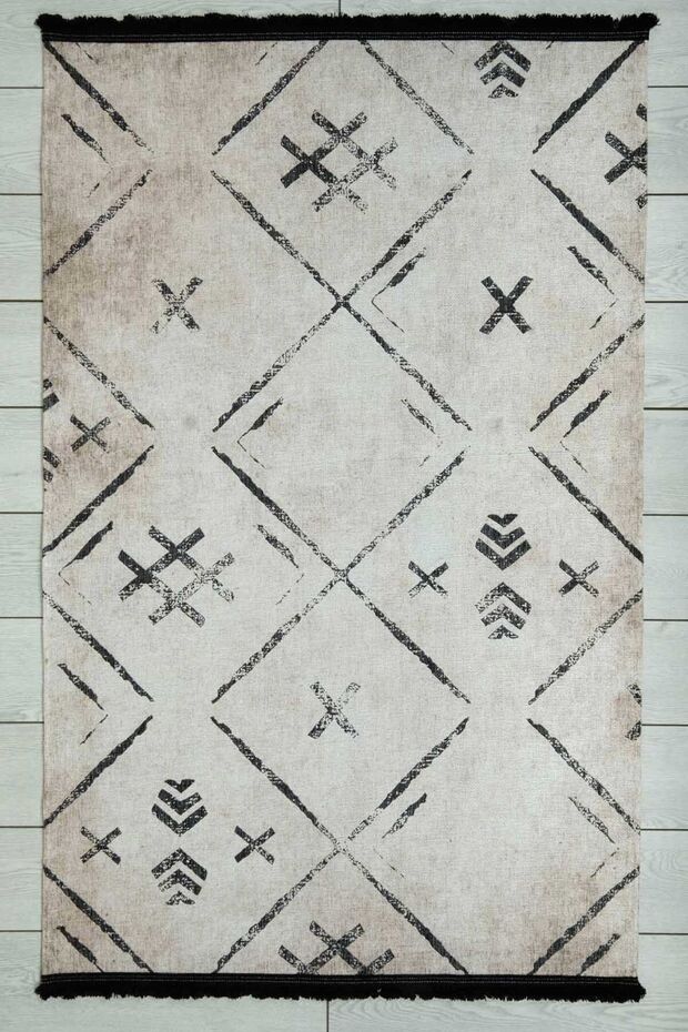 Scandinavian Patterned Beige Black Runner Washable Entrance Chenille Hallway Carpet 7707