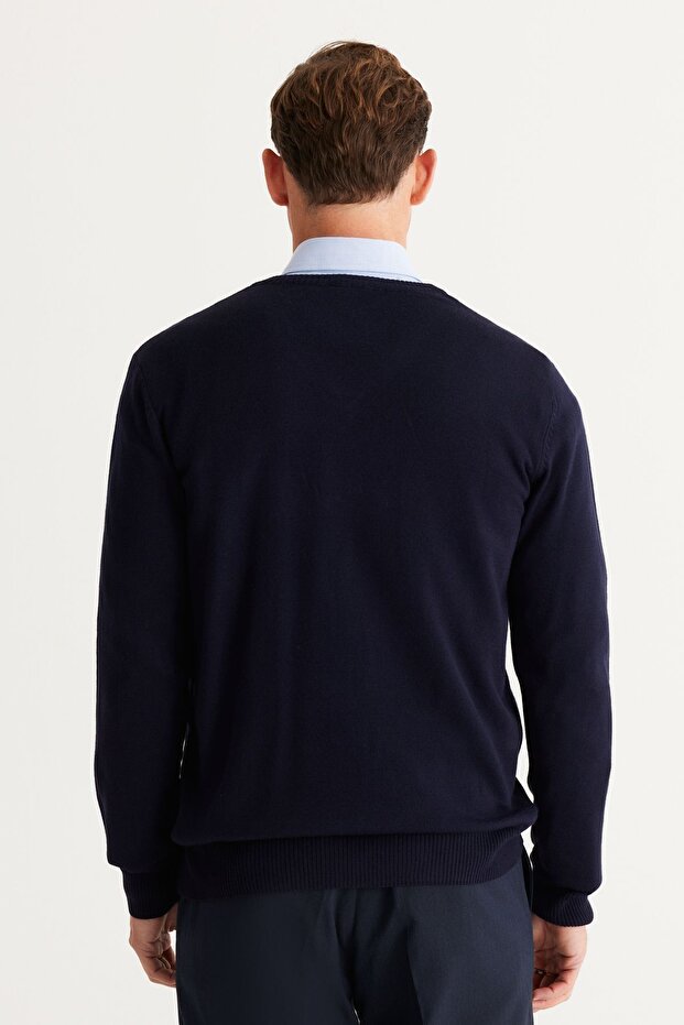 Erkek Lacivert Tüylenme Yapmayan Anti-pilling Standart Fit Normal Kesim V Yaka Triko Kazak - 7