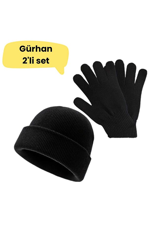 Set of 2 Knitted Folded Beret and Knitted Gloves Black Unisex Luxury