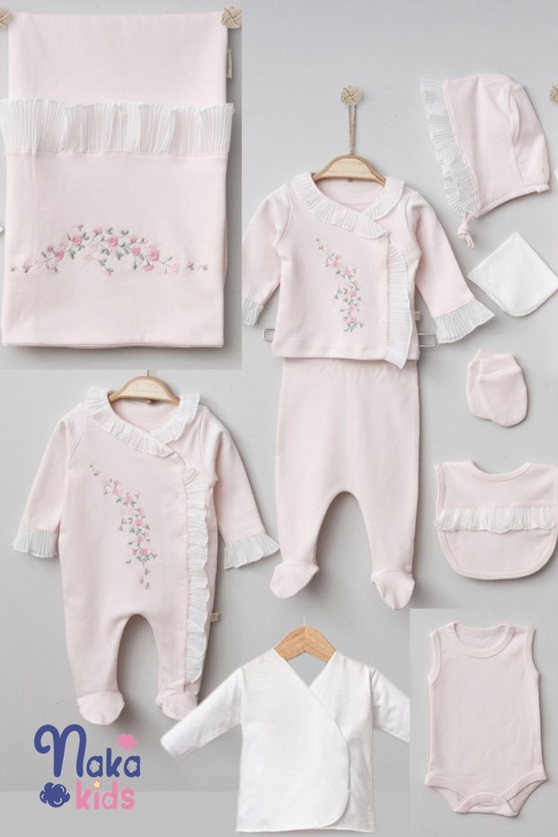 Pugi Pink Floral Embroidered Stylish Baby Girl Hospital Discharge Set - 10 Pieces