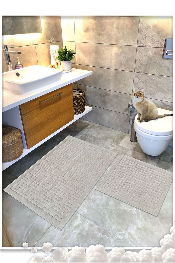 %100 Pamuk Dokuma Banyo Paspas Seti, Banyo Halısı Domino 2 Li Set 60x100 - 60x50 - 1