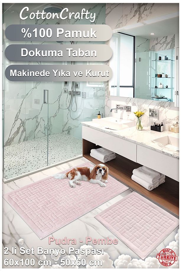 %100 Pamuk Dokuma Banyo Paspas Seti, Banyo Halısı Domino 2 Li Set 60x100 - 60x50 - 3