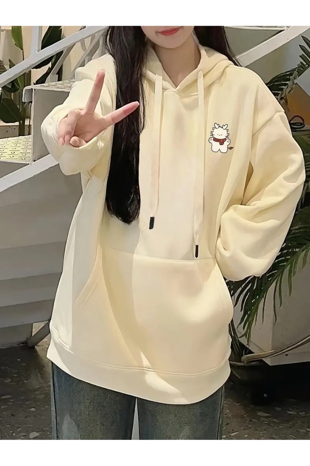 Women's Beige Figure Plush Printed 3 Thread Hooded Hoodie Sweatshirt