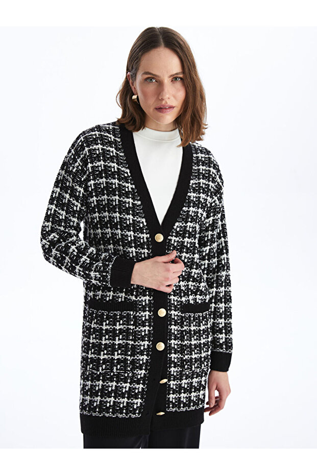 LCWAIKIKI Basic  V Yaka Ekose Uzun Kollu Kadın Triko Hırka - 2