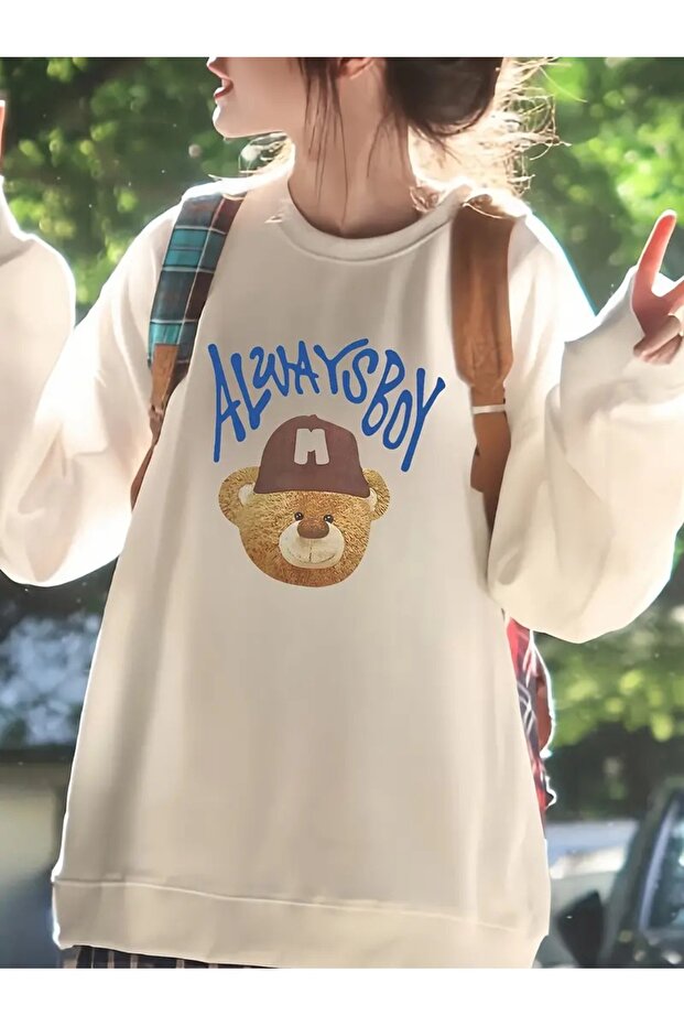 Women's Beige Always Boy Printed Crew Neck Sweatshirt