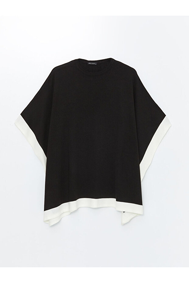 LCW Modest Siyah Bisiklet Yaka Düz Oversize Kadın Triko Panço - 6