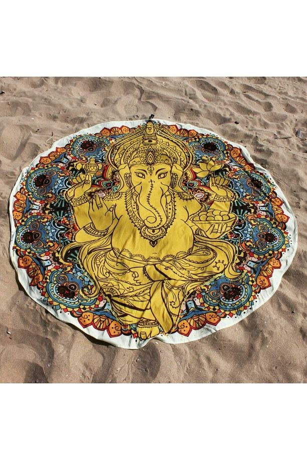 Yellow Ganesha Yuvarlak Duvar Örtüsü Tapestry 75x75 Cm - 3
