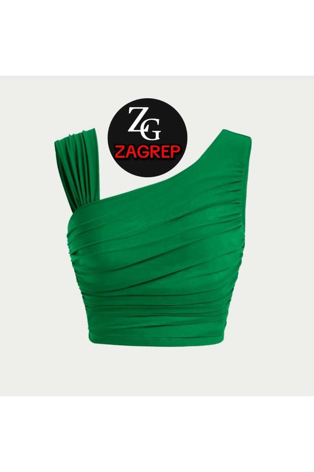 Women's Benetton Green Crop Top with Shoulder Detail, Draped Gathered Sleeves, No Show Silk Jersey Crop Top