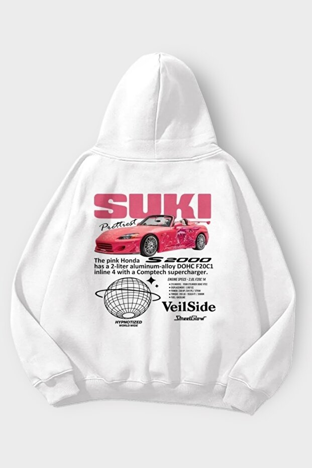 سويت شيرت أبيض بغطاء للرأس مطبوع عليه Fast And Furious Suki Back