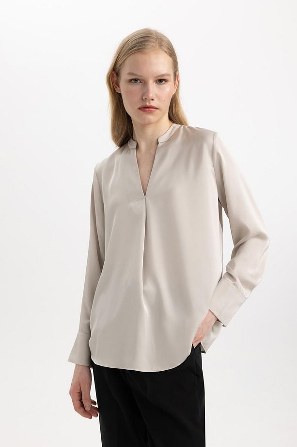 Regular Fit Apaş Yaka Saten Uzun Kollu Bluz C3217ax24sp - 1
