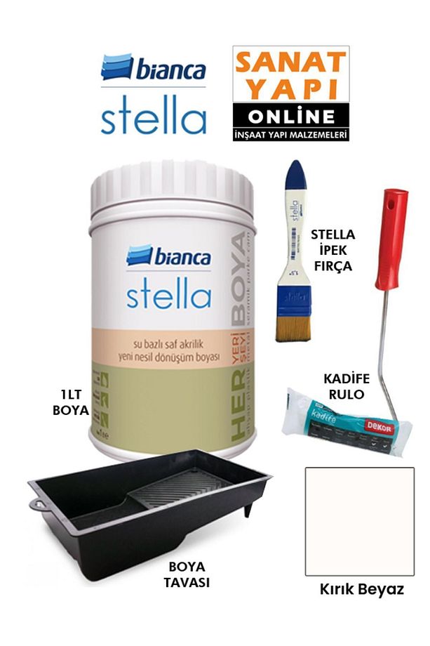 Stella Boya 4 Parçalı Set ( 1Lt Boya - Boya Tavası- Stella İpek Fırça - Kadife Rulo ) - 1