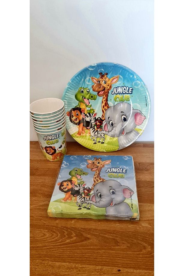 Jungle Club Safari Hayvanları Aslan Fil Zebra Desenli Renkli Baskılı Kağıt Peçete Tabak Bardak Set - 3