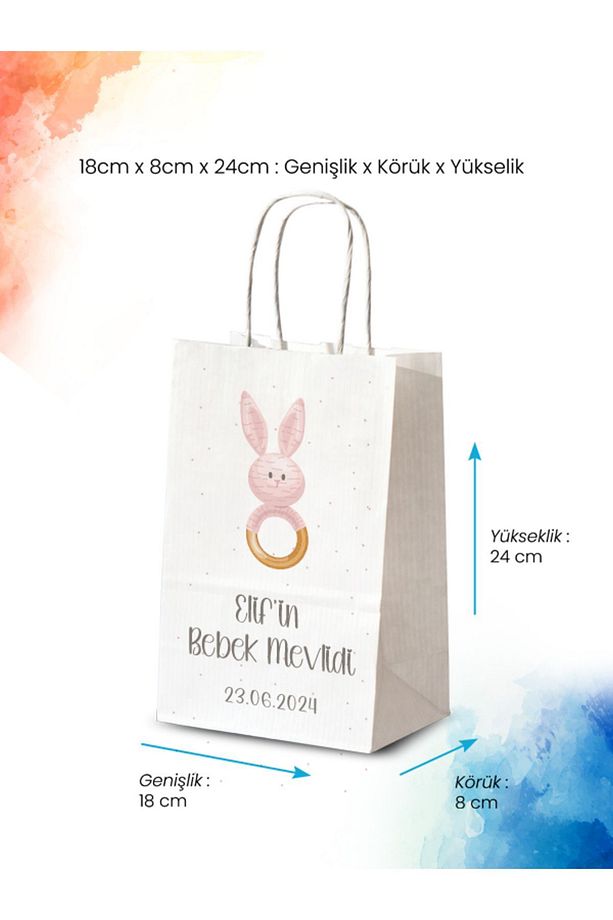 50 Adet Tek Yön Kişiye Özel Isim Baskılı Mevlid Hediyeliği Kağıt Çanta/poşet 18x8x24 Cm (BT100-50) - 1