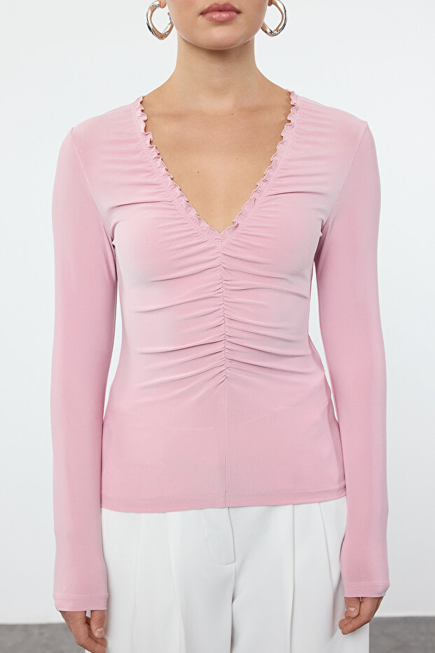 Pudra Büzgü/Drape Detaylı V Yaka Vücuda Oturan Esnek Örme Bluz TWOAW25BZ00110 - 3