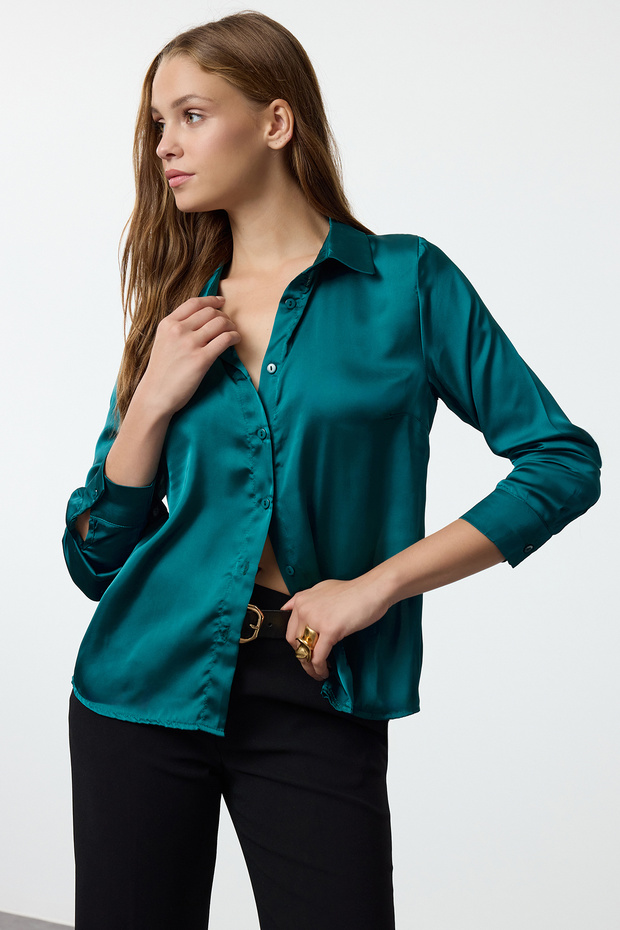 Green Satin Fabric Regular Regular Fit Woven Shirt Twoaw25Go00100