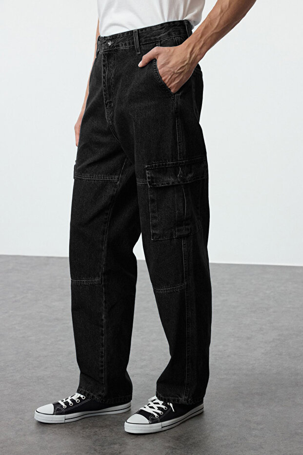 Erkek Siyah Smoke Baggy Kargo Bol Kot Pantolon Jeans TMNAW25JE00002 - 1