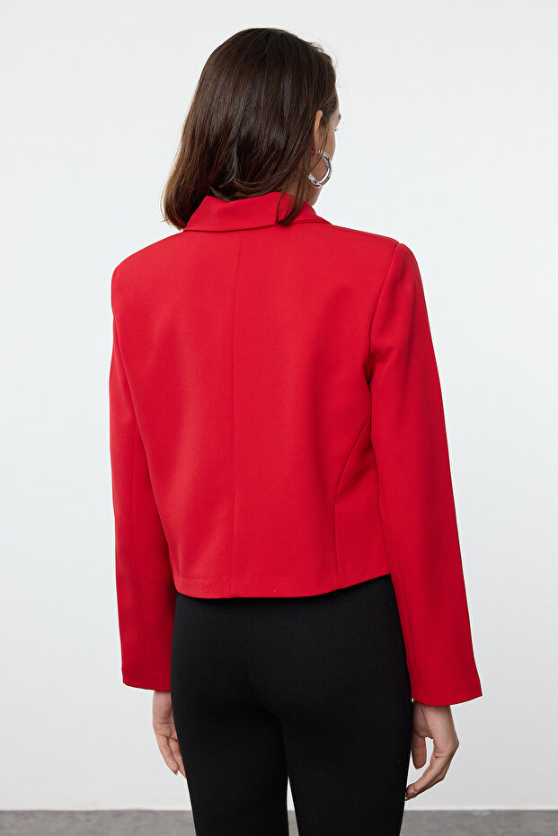 Kırmızı Fiyonk/Kurdele Detaylı Gömlek Yakalı Crop Dokuma Yılbaşı Blazer Ceket TWOAW25BC00018 - 4