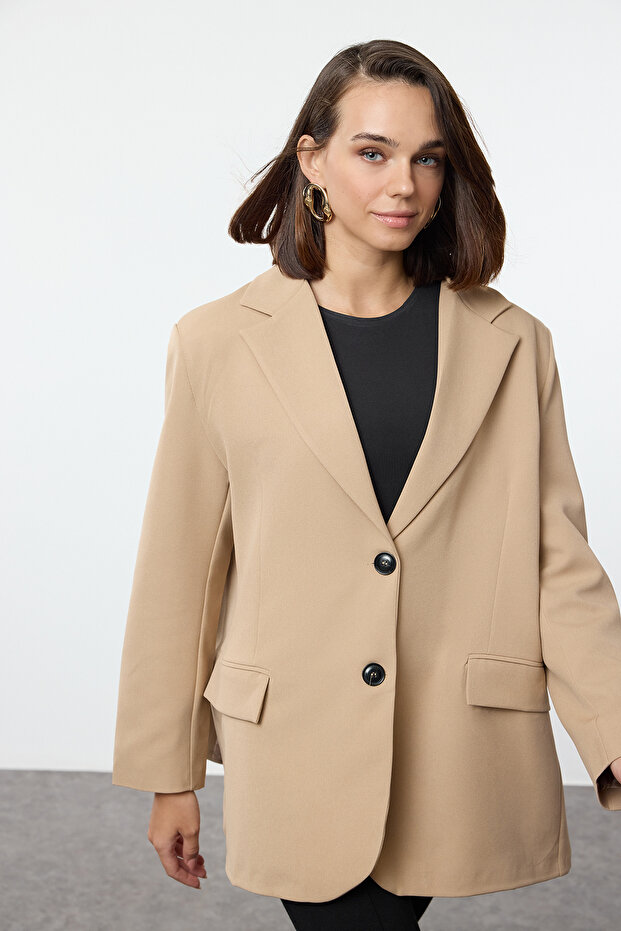 Bej Oversize Dokuma Blazer Ceket TWOAW24BC00107 - 1