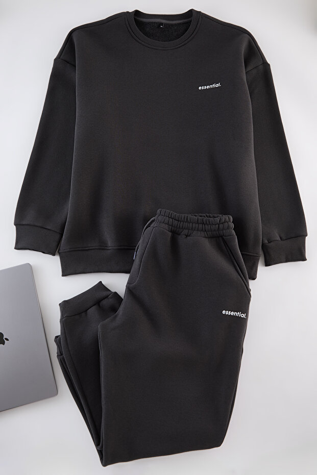Büyük Beden Antrasit Regular/Normal Kesim Baskılı Sweatshirt-Eşofman Altı Takım TMNAW25TS00001 - 7