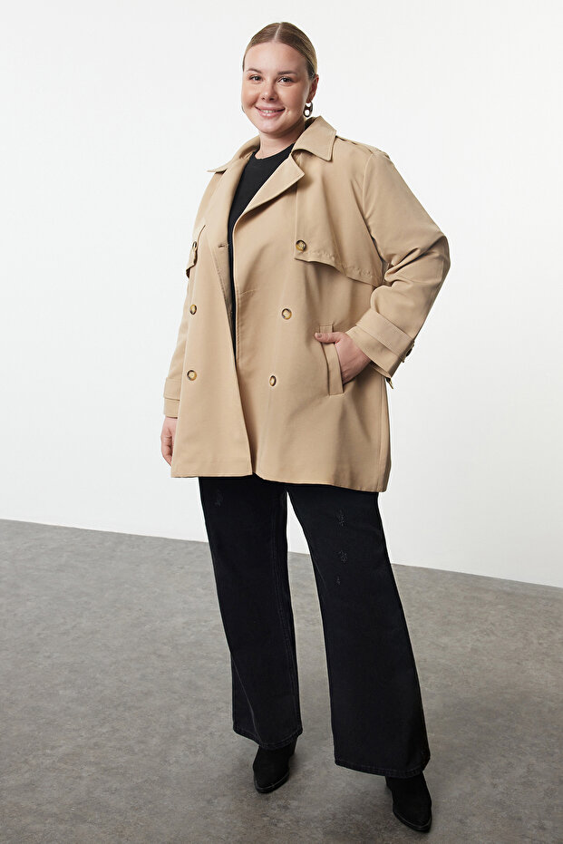 Bej Oversize Fit Beli Kemerli Teknik Kumaş Trençkot TBBAW25BM00004 - 1