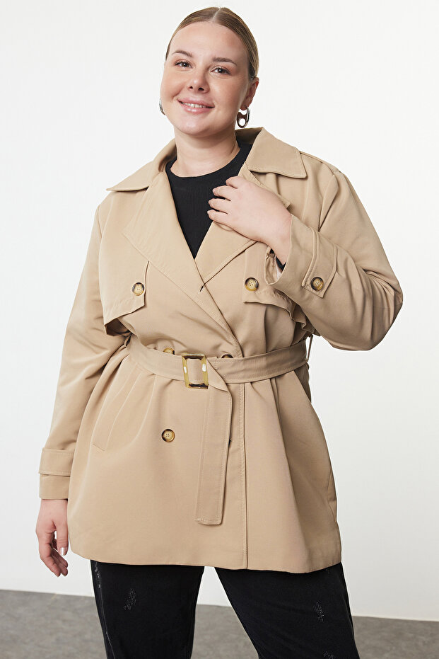 Bej Oversize Fit Beli Kemerli Teknik Kumaş Trençkot TBBAW25BM00004 - 2