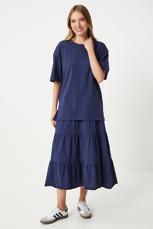 Women's Navy Blue Oversize T-Shirt Flounced Knitted Skirt Set Ub00291