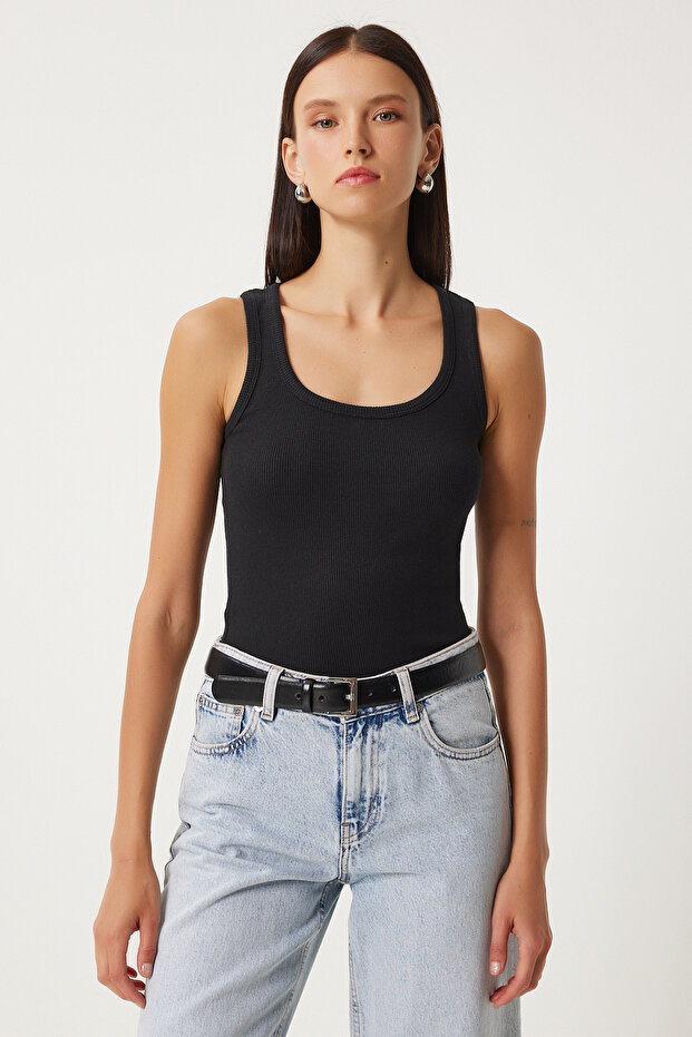 Women's Black Ribbed Thick Strap Knitted Undershirt Hj00009