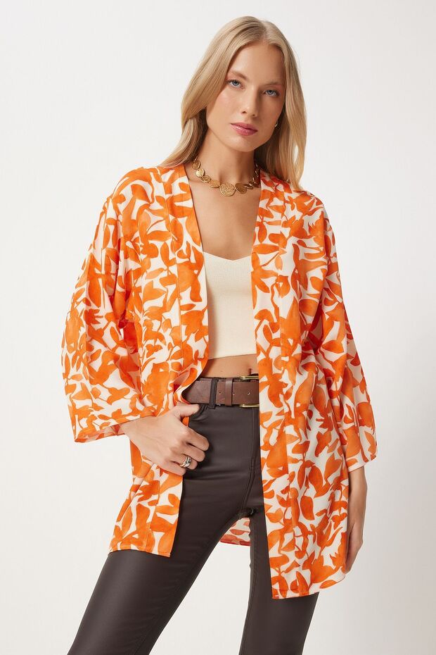 Women's Orange Patterned Viscose Kimono EN00615