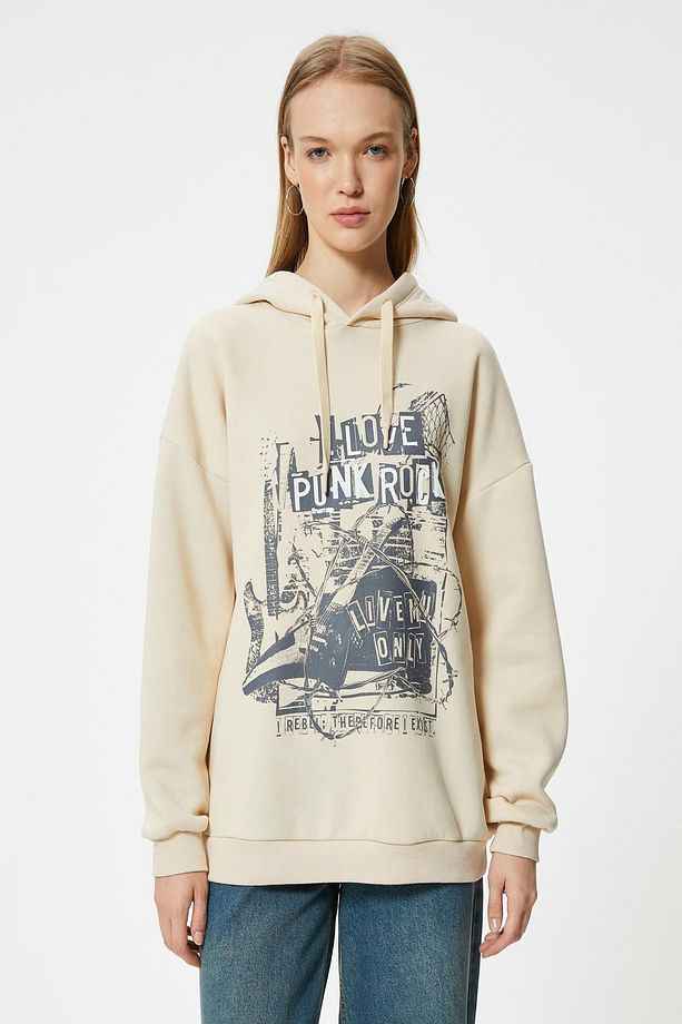 Oversize Kapüşonlu Sweatshirt Slogan Baskılı Uzun Kollu - 3