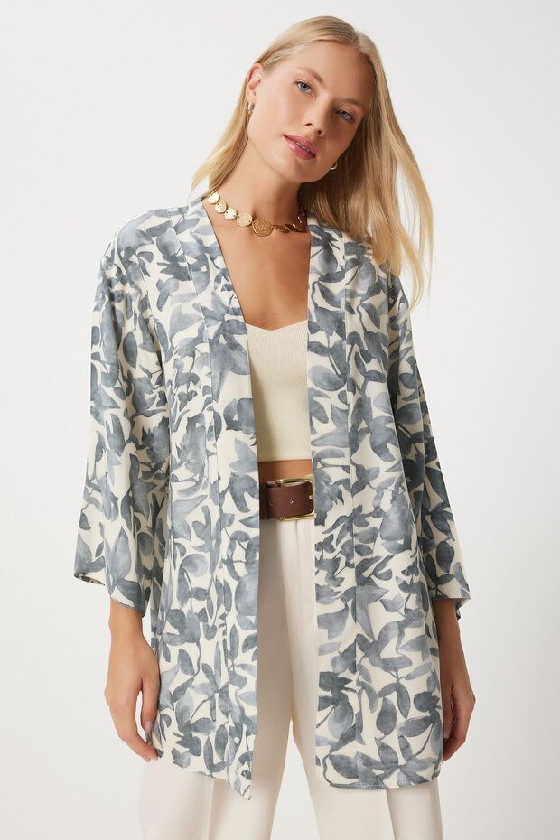 Women's Gray Bone Patterned Viscose Kimono EN00615