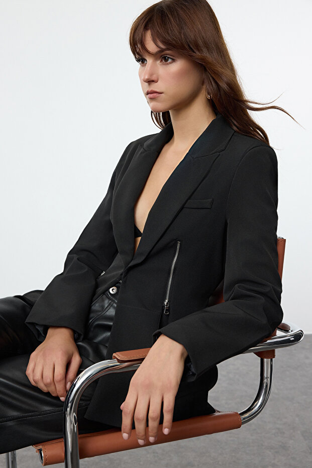 Czarna, tkana marynarka z zamkiem błyskawicznym Twoaw25Bc00010 - 1