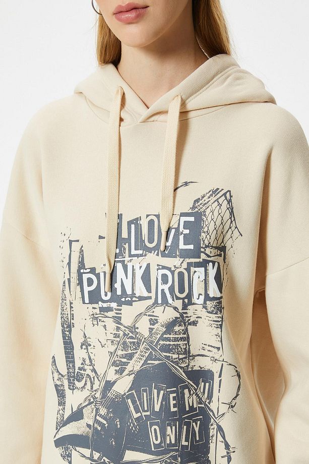 Oversize Kapüşonlu Sweatshirt Slogan Baskılı Uzun Kollu - 5