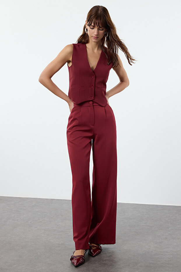 Bordo Düğmeli Crop Dokuma Yelek TWOSS22YE0053 - 3