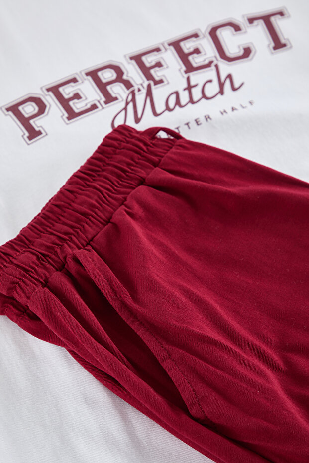 Ekru - Bordo Regular Fit Örme Couple/Çift %100 Pamuklu Pijama Takımı TMNAW25PT00047 - 8