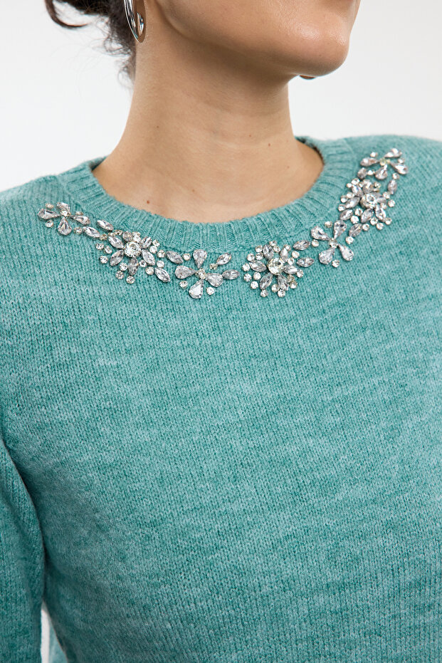 Mint Yumuşak Dokulu Taş Detaylı İnce Triko Kazak TWOAW25KZ00151 - 4