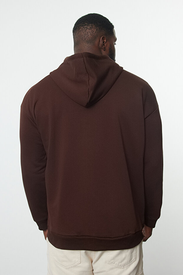 Kahverengi Büyük Beden Oversize Basic Kapüşonlu Fermuarlı İçi Polar Pamuk Sweatshirt TMNAW24AO00003 - 5