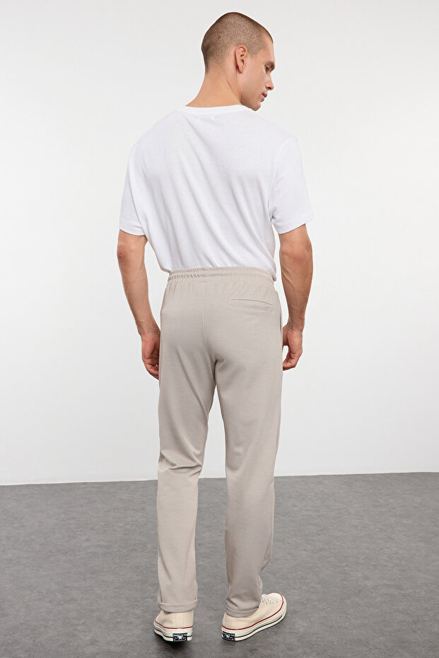 Bej Regular Fit Örme Esnek Rahat Beli Bağlamalı Lastikli Duble Paça Kumaş Pantolon TMNAW25PL00002 - 6