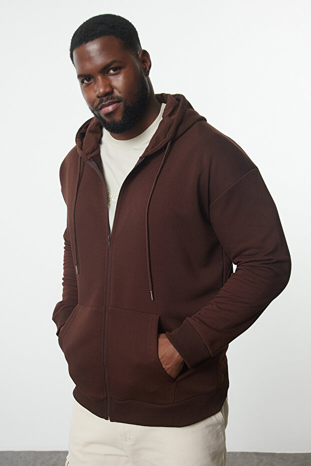 Kahverengi Büyük Beden Oversize Basic Kapüşonlu Fermuarlı İçi Polar Pamuk Sweatshirt TMNAW24AO00003 - 2