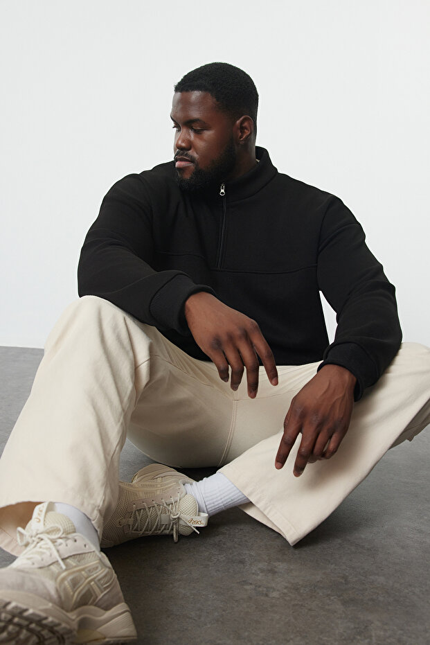 Büyük Beden Siyah Oversize/Geniş Kesim Fermuarlı Sweatshirt TMNAW25AO00028 - 2