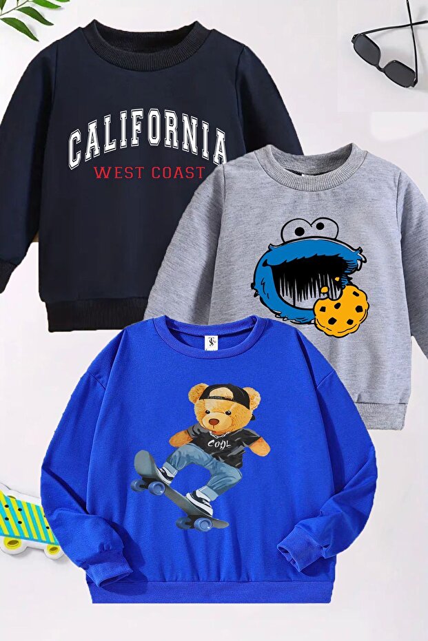 Cookie Monster Printed 3-Pack Unisex Cobalt Blue-Navy Blue-Grey Crew Neck Kids Sweatshirt