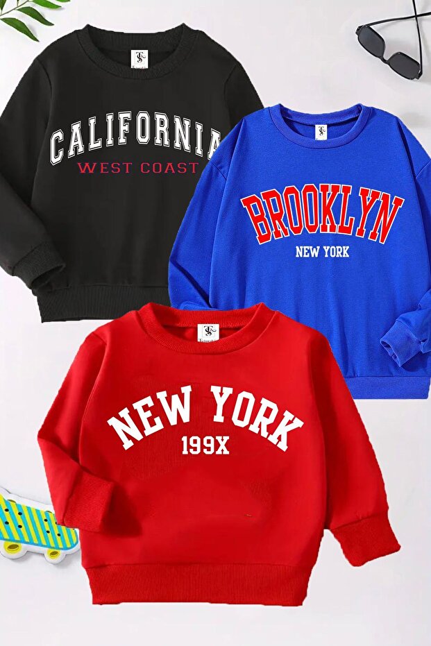 Brooklyn California Printed 3-Pack Unisex Red-Blue-Black Crew Neck Kids Sweatshirt