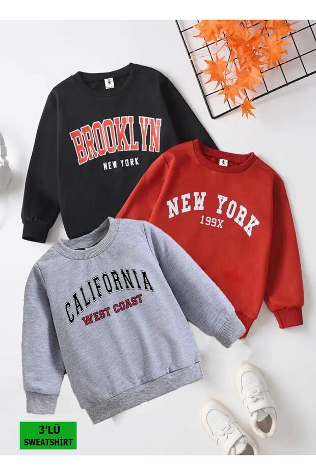 Brooklyn New York Printed 3-Pack Unisex Red-Black-Grey Crew Neck Kids Sweatshirt