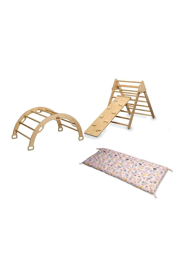 Pikler Cushioned Climbing Set | Montessori Play Set | Triangle - Arch - Ramp Flamingo Pillow