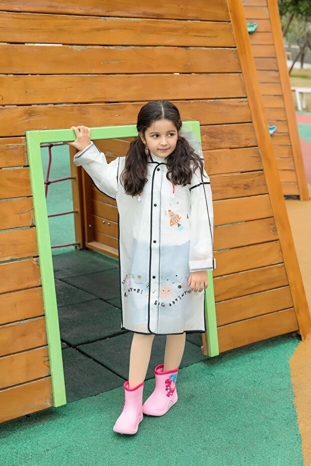 Black Eva Fabric Hooded Patterned Pocketless Snap Fastener Children's Raincoat with Bag Protector