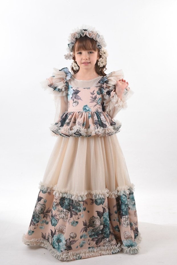 Custom Design Girls' Evening Dress, Girls' Long Dress with Hair Accessory, Vintage Dress